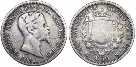 Regno di Sardegna - Vittorio Emanuele II (1849-1861) 50 Centesimi 1861 Milano - R4 ESTREMAMENTE RARA - Ag

BB