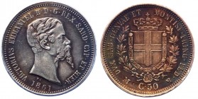 Regno di Sardegna - Vittorio Emanuele II (1849-1861) 50 Centesimi 1861 Milano - R4 ESTREMAMENTE RARA - Ag

SPL+