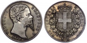 Regno di Sardegna - Vittorio Emanuele II Re Eletto (1859-1861) 5 Lire 1860 Bologna - RR MOLTO RARA - Ag 

SPL