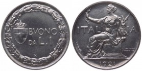 Vittorio Emanuele III (1900-1943) Buono da 1 Lira 1921 "PROVA" - "Italia Seduta" - RR MOLTO RARA - Periziata FDC

FDC
