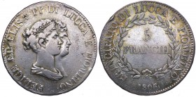 Firenze - Principato di Lucca e Piombino - Elisa Bonaparte e Felice Baciocchi (1804-1815) 5 Franchi 1806 - Pagani 252 - R (RARO) - Ag gr. 24,54 

qB...