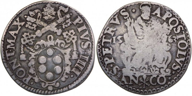 Stato Pontificio - Ancona - Pio IV (1559-1565) Testone - Munt. 46 - Ag gr. 9,03 ...