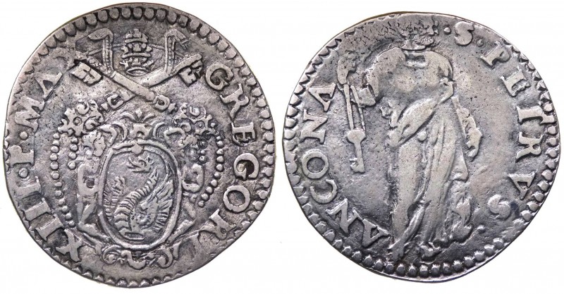 Stato Pontificio - Ancona - Gregorio XIII (1572-1585) Testone - Mir.1217 - Ag gr...