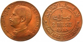 Somalia Italiana - Vittorio Emanuele III (1909-1925) 2 Bese 1913 - Pagani 981 - R2 (MOLTO RARO) - Cu

BB