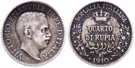 Somalia Italiana - Vittorio Emanuele III (1909-1925) 1/4 di Rupia 1910 - Ag - Montenegro 455 - RARA

BB/SPL