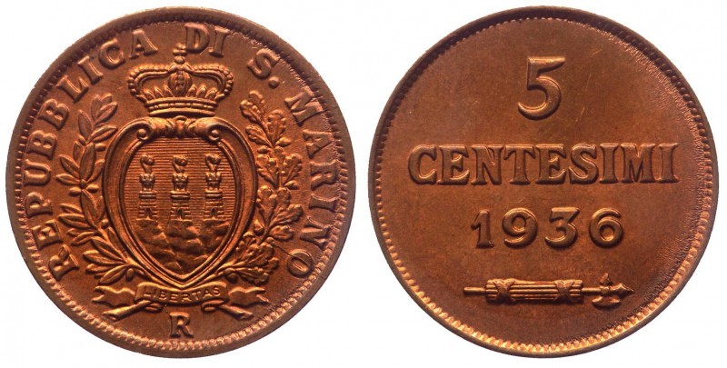 Vecchia Monetazione (1864-1938) 5 Centesimi 1936 - Gig 41 - RAME ROSSO - Cu

F...