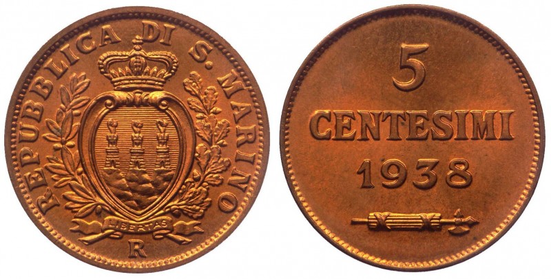 Vecchia Monetazione (1864-1938) 5 Centesimi 1938 - Gig. 43 RAME ROSSO - Cu

FD...