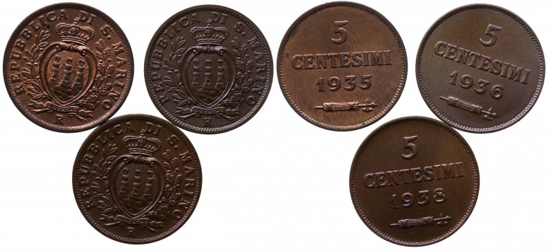 Vecchia Monetazione (1864-1938) Lotto n.3 Pz 5 Centesimi 1935 - 1936 - 1938 - RA...