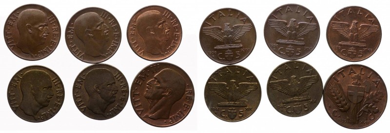 Lotto 6 Monete: n.5pz 5 Centesimi Impero 1936-1938-1939-1941-1942 - n.1pz 10 Cen...