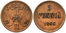 Finlandia - Alessandro II (1855-1881) 5 Pennia 1866 - Cu gr.6,18 

BB+
