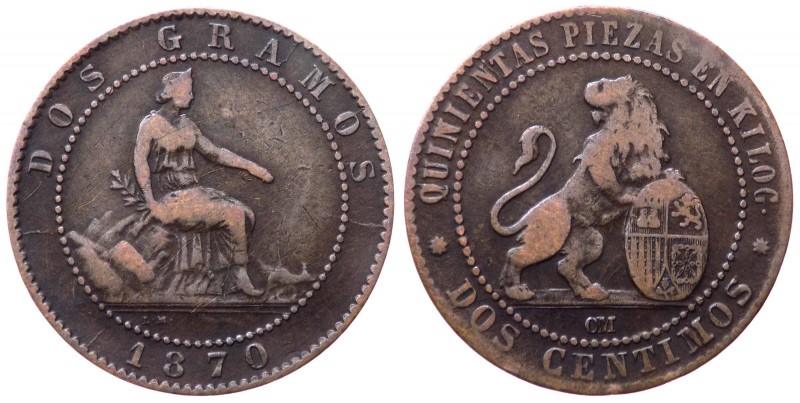 Spagna - Governo Provvisorio (1870) 2 centesimi 1870 - Calic&ograve; 26 - Cu

...