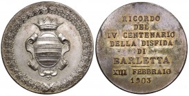 Puglia - Medaglia commemorativa del IV centenario della disfida di Barletta 1903 - AE argentato gr. 29,50 Ø mm 39,3 

SPL