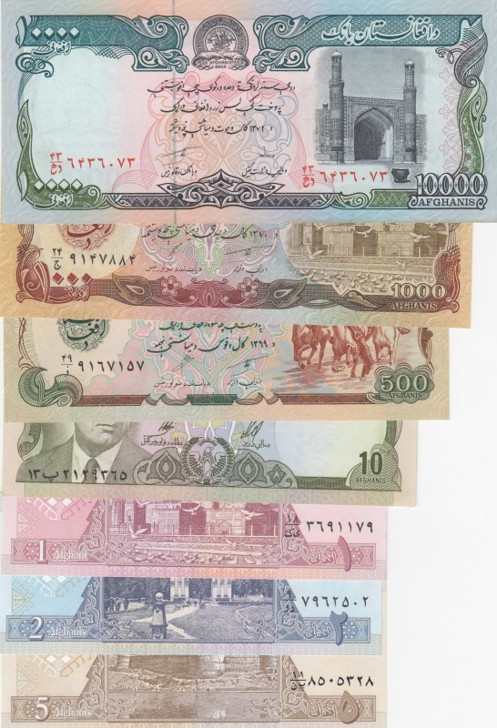 Afghanistan, 1-2-5-10-500-1.000-10.000 Afghanis, UNC, (Total 7 banknotes)
1-2-5...