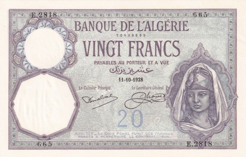 Algeria, 20 Francs, 1928, UNC, p78b
Serial Number: E.2818 665
Estimate: 175-35...