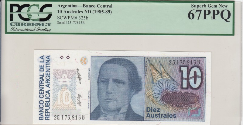 Argentina, 10 Australes, 1985/1989, UNC, p325b
PCGS 67 PPQ, High Condition
Ser...