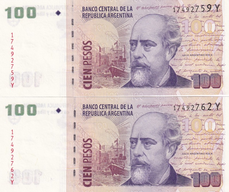 Argentina, 100 Pesos, 2003, UNC, p357a, (Total 2 banknotes)
Serial Number: 1492...