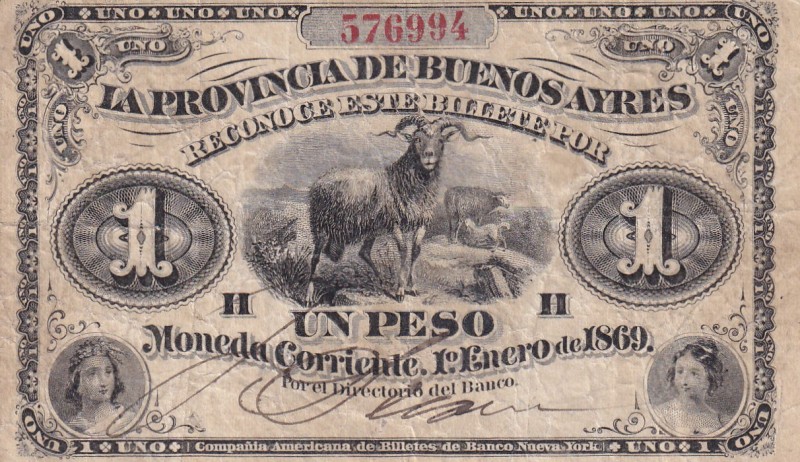 Argentina, 1 Peso, 1869, VF, pS481
Serial Number: 576994
Estimate: 60-120