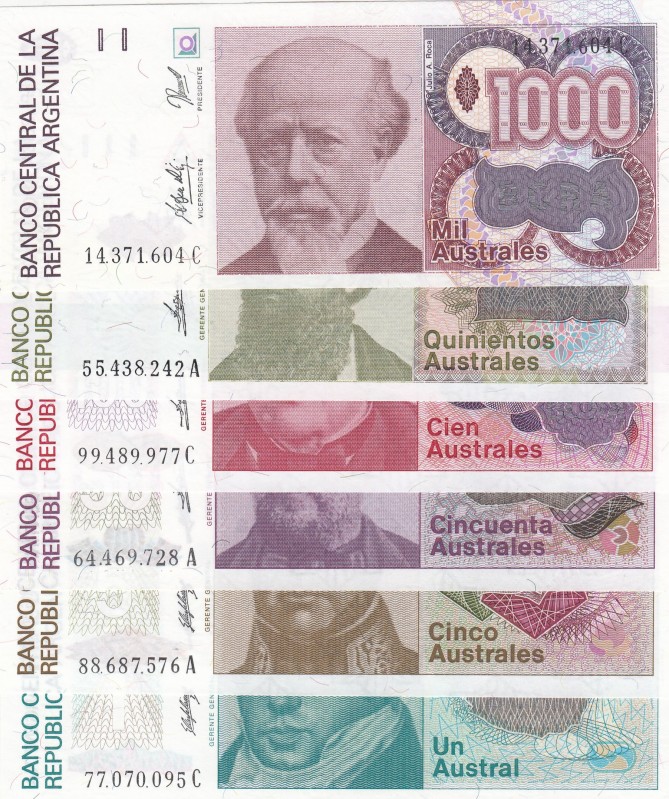 Argentina, 1-5-50-100-500-1.000 Australes, 1985/1990, UNC, (Total 6 banknotes)
...