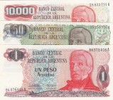 Argentina, 1-50-10.000 Pesos, UNC, (Total 3 banknotes)
1 Peso Argentino, 1983/1984, p311; 50 Pesos Argentinos, 1983/1985, p314a; 10.000 Pesos, 1976/1...