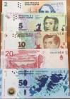 Argentina, 2-5-10-20-50 Pesos, (Total 5 banknotes)
2 Pesos, 2002, p352, UNC; 5 Pesos, 2015, p359, UNC; 10 Pesos, 2016, p360, UNC(-); 20 Pesos, p361, ...