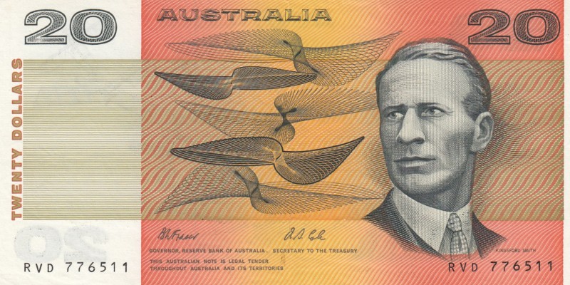 Australia, 20 Dollars, 1991, XF, p46h
Serial Number: RVD 776511
Estimate: 50-1...