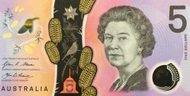 Australia, 5 Dollars, 2016, UNC, p62
Queen Elizabeth II portrait, Polymer plastic banknote
Serial Number: EA163807596
Estimate: 10-20