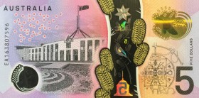Australia, 5 Dollars, 2016, UNC, p62
Queen Elizabeth II portrait, Polymer plastic banknote
Serial Number: EA163807597
Estimate: 10-20