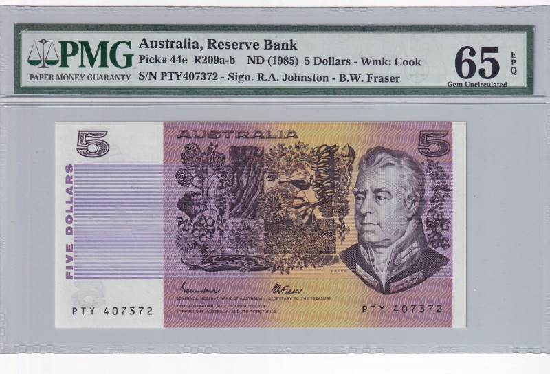 Australia, 5 Dollars, 1985, UNC, p44e
PMG 65 EPQ
Serial Number: PTY 407372
Es...