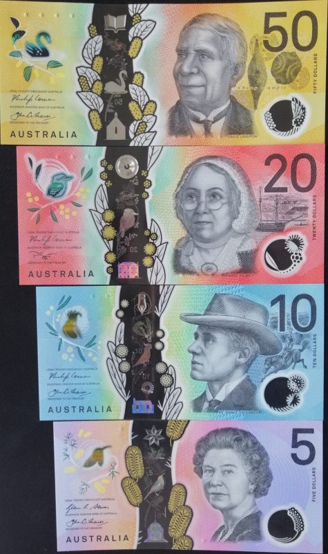 Australia, 5-10-20-50 Dollars, UNC, (Total 4 banknotes)
5 Dollars, 2016, p62; 1...