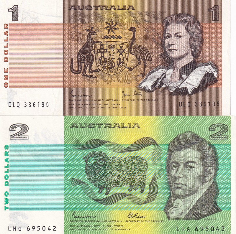 Australia, 1-2 Dollars, (Total 2 banknotes)
1 Dollar, 1983, p42d, VF; 2 Dollars...