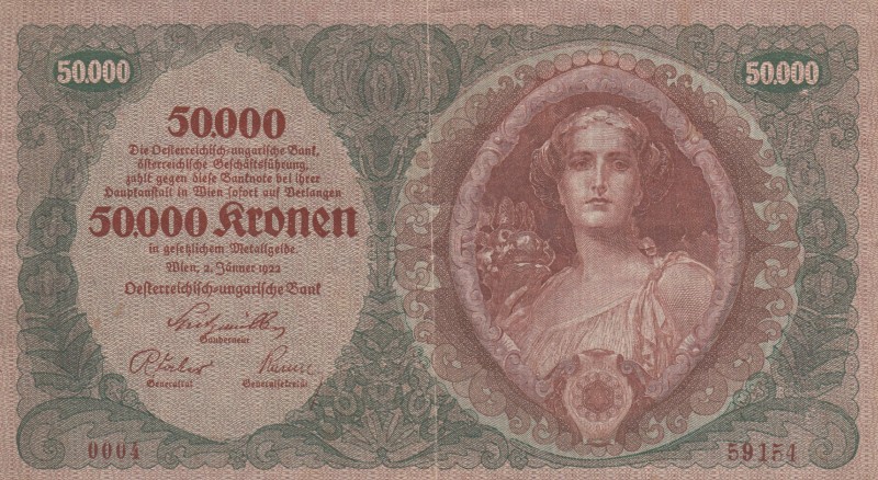 Austria, 50.000 Kronen, 1922, XF, p80
Serial Number: 0004 59154
Estimate: 50-1...
