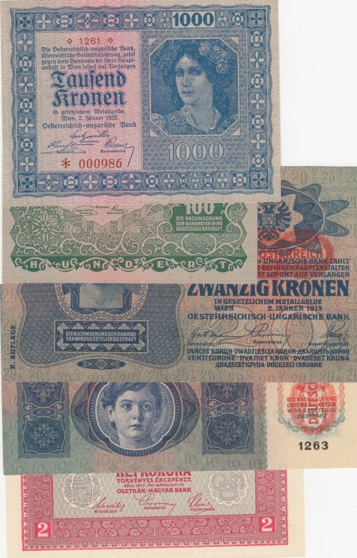 Austria, 2-20-100-1.000 Kronen, 1917/1922, (Total 5 banknotes)
2 Kronen, 1917, ...