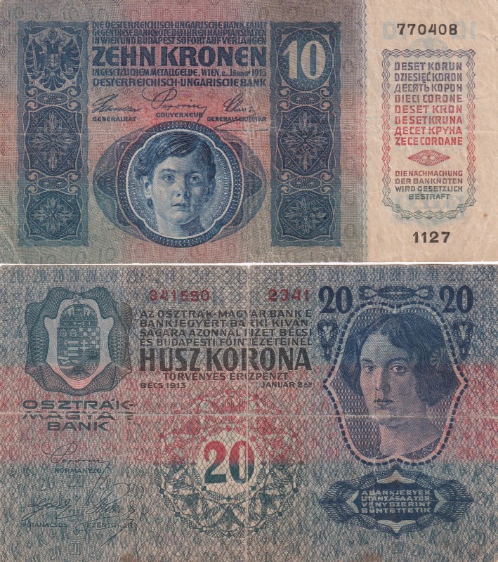 Austria, 10-20 Kronen, 1913/1915, FINE, (Total 2 banknotes)
10 Kronen, 1915, p1...