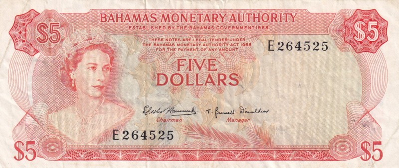 Bahamas, 5 Dollars, 1968, XF, p29a
Queen Elizabeth II. Potrait
Serial Number: ...