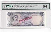 Bahamas, 10 Dollars, 1968, UNC, p30, SPECIMEN
PMG 64
Queen Elizabeth II. Potrait
Serial Number: B000000
Estimate: 225-450