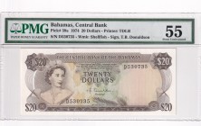 Bahamas, 20 Dollars, 1974, AUNC, p39a
PMG 55
Queen Elizabeth II. Potrait
Serial Number: D530735
Estimate: 1125-2250