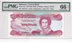 Bahamas, 3 Dollars, 1984, UNC, p44a
PMG 66 EPQ . Queen Elizabeth II portrait
Serial Number: A031561
Estimate: 25-50