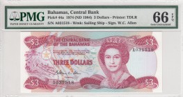 Bahamas, 3 Dollars, 1984, UNC, p44a
PMG 66 EPQ, Queen Elizabeth II. Potrait
Serial Number: A031518
Estimate: 30-60