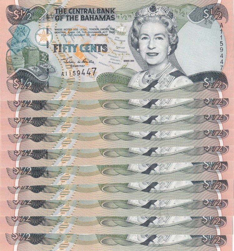 Bahamas, 1/2 Dollar, 2001, UNC, p68, (Total 10 consecutive banknotes)
Estimate:...