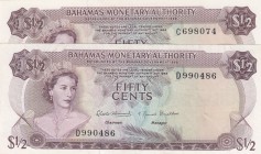 Bahamas, 1/2 Dollar, 1968, p26, (Total 2 banknotes)
C698074, AUNC(-); D990486, VF(+)
Queen Elizabeth II. Potrait
Estimate: 20-40