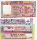 Bangladesh, 10-25-40-60 Taka, UNC, (Total 4 banknotes)
10 Taka, 1990, p26; 25 Taka, 2013, p62, Commemorative Banknote; 40 Taka, 2011, p60, Commemorat...