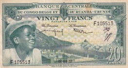 Belgian Congo, 20 Francs, 1957, XF(-), p31
Has a ballpoint pen
Serial Number: F105513
Estimate: 45-90