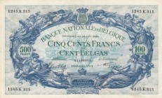 Belgium, 500 Francs-100 Belgas, 1942, VF, p109
Serial Number: 1245.K.315
Estimate: 25-50