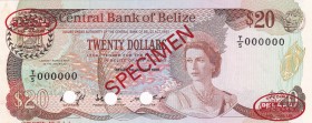 Belize, 20 Dollars, 1986, UNC, p49s, SPECIMEN
Queen Elizabeth II. Potrait
Serial Number: T/5 000000
Estimate: 300-600