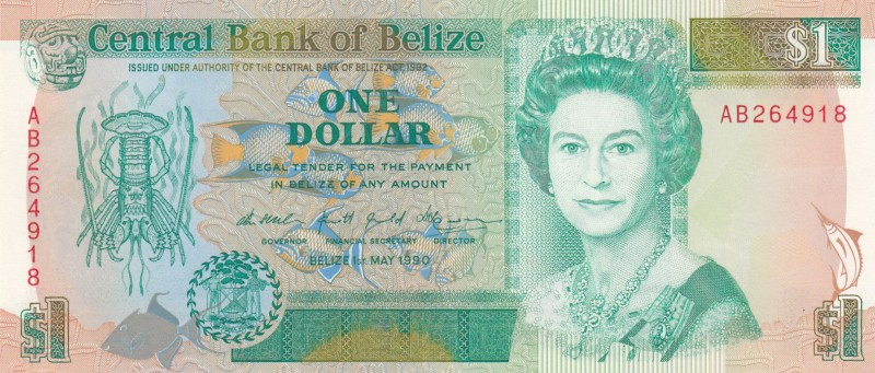 Belize, 1 Dollar, 1990, UNC, p51
Queen Elizabeth II. Potrait
Serial Number: AB...