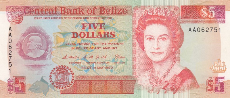 Belize, 5 Dollars, 1990, UNC, p53a
Queen Elizabeth II. Potrait
Serial Number: ...