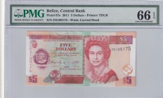 Belize, 5 Dollars, 2011, UNC, p67e
PMG 66 EPQ
Queen Elizabeth II. Potrait
Serial Number: DS100175
Estimate: 40-80
