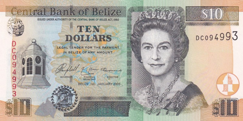 Belize, 10 Dollars, 2005, UNC, p68b
Queen Elizabeth II. Potrait
Serial Number:...
