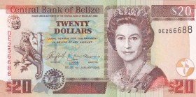 Belize, 20 Dollars, 2005, UNC, p69b
Queen Elizabeth II. Potrait
Serial Number: DE256688
Estimate: 150-300