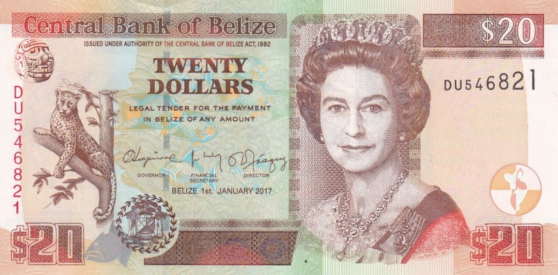 Belize, 20 Dollars, 2017, UNC, p69f
Queen Elizabeth II. Potrait
There is a dec...